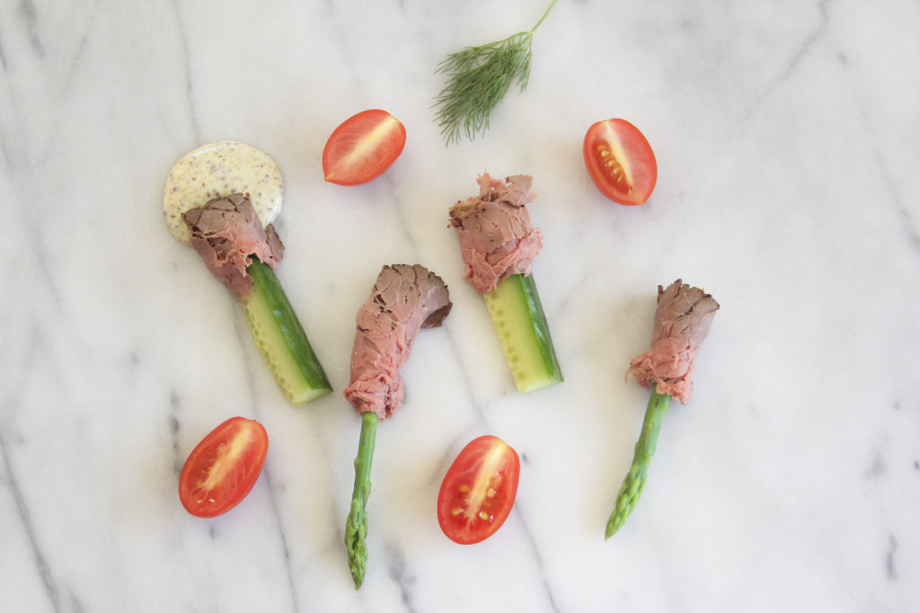 cucumber and asparagus wrapped roast beef cherry tomatoes and dill