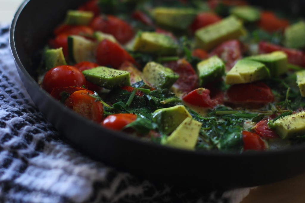 tomatoes avocado spinach egg in pan
